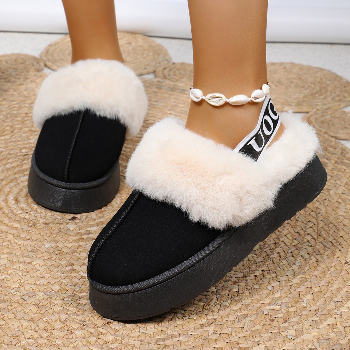 new Winter Snow Women Two-Way Design Thick-Soled Slippers Fleece-Lined Warm Suitable for Outdoor Wear Plush Internet-Famous Fur Slippers
