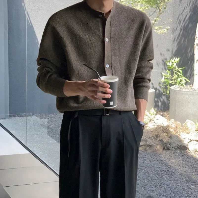 Men Autumn and Winter Knitted Cardigan Long-sleeved Sweater Fashionable Single-breasted Advanced Sense Pure Color Loose Coat XJ250805