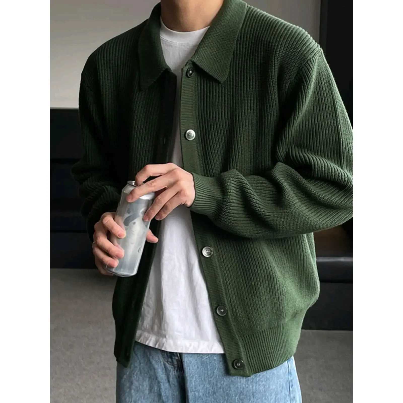 Early Autumn Casual Mens Knitted Cardigan Green Collar Open Front Sweater Trendy Korean Style Dongdaemun Fashion StreetwearXJ250805
