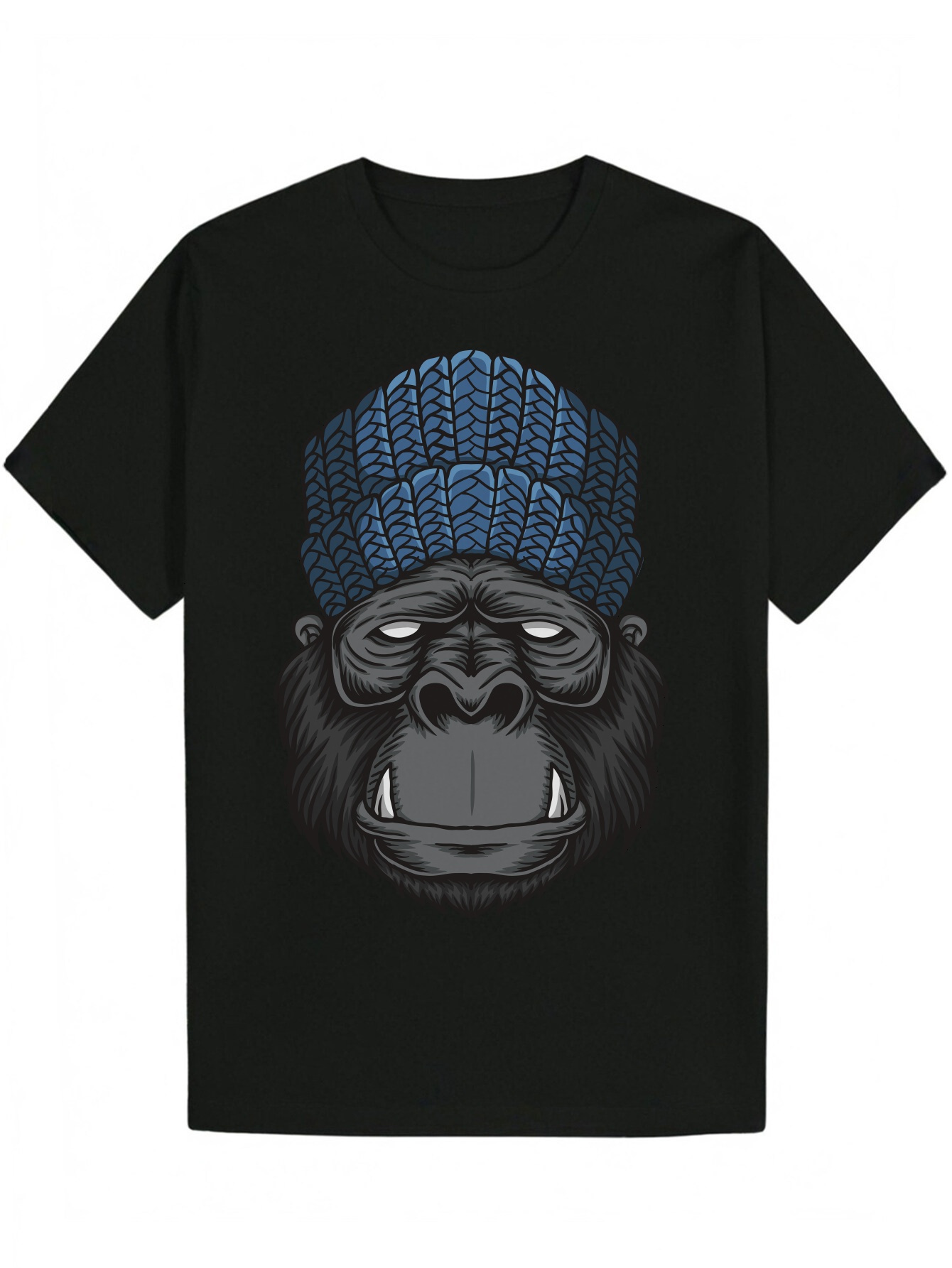 Men's Summer Pattern - Black Round Neck Polyester T-Shirt with Blue Knitted Hat Design, Machine Washable, and Breathable, Suitable for Casual Wea