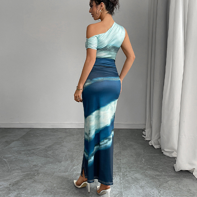 trend 2025 Summer Fashion New European and American Style Color Block Slimming Dress Asymmetric Shoulder Long Dress New Designer Dress