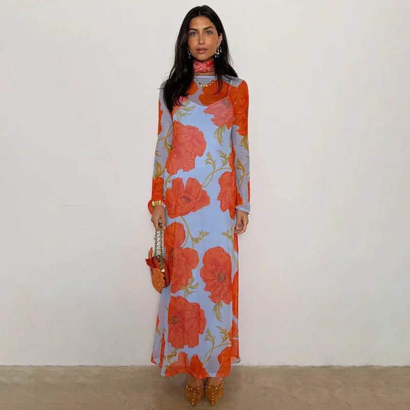 Blifanbo Print Flower Elegant Maxi Dress Women O Neck Fashion Long Sleeve Slim Sexy Print Patchwork Female Holiday Long Dress 250728