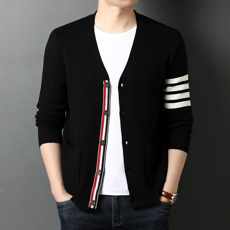 Korean Fashion Knitted Cardigan Men Spring Autumn Classic Stripe Trend Side Slit V-neck Sweater Coats 2025 Man Clothes Cardigans