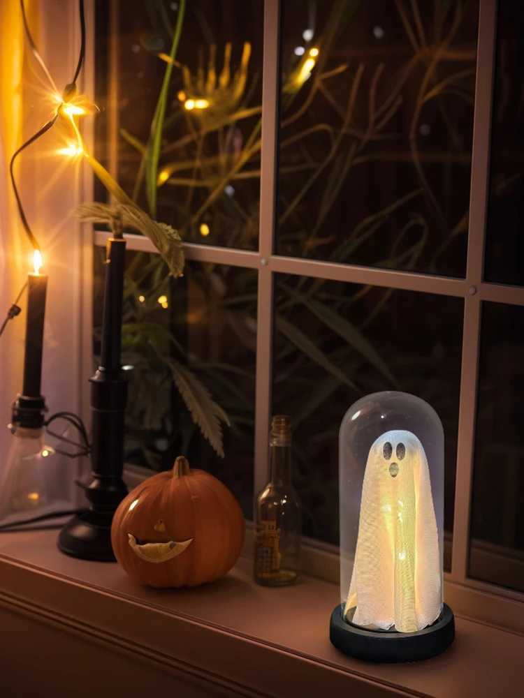 ute Ghost with Light Halloween Mini Luminous Ghost in A Jar Indoor Light Up Ghost in Clear Cloche for Home Holiday Decoration XJ250804