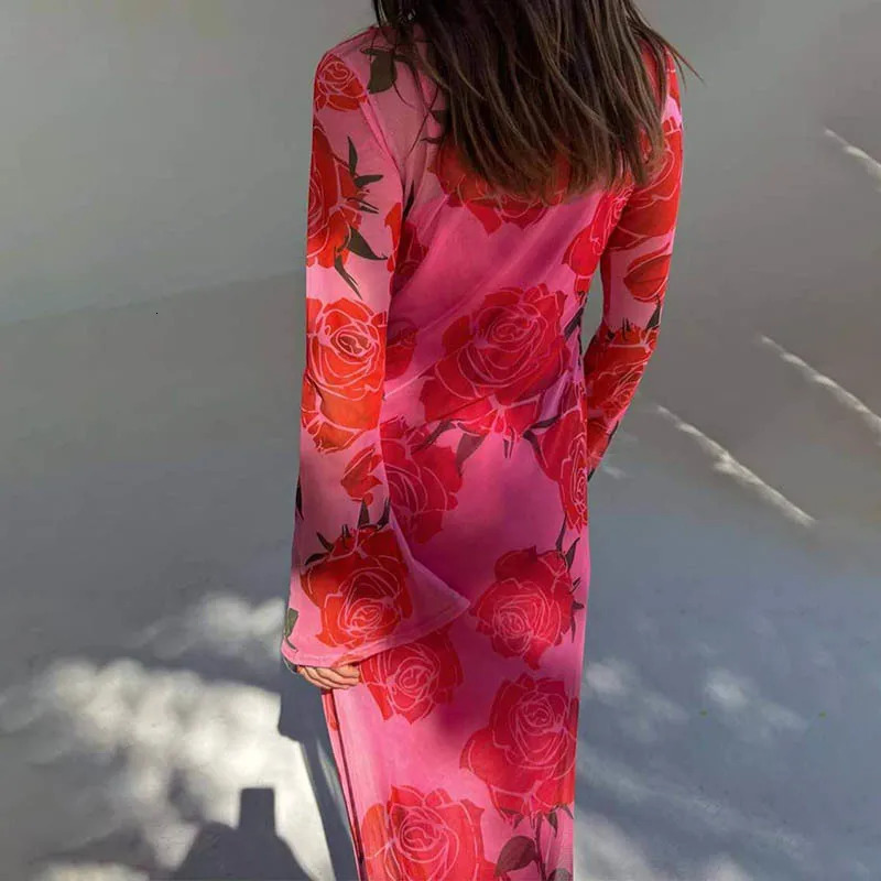 Blifanbo Print Flower Elegant Maxi Dress Women O Neck Fashion Long Sleeve Slim Sexy Print Patchwork Female Holiday Long Dress 250728
