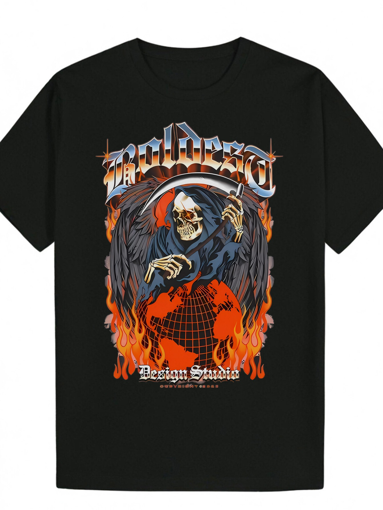 Polyester Round Neck - Bold Skeleton Design, Black with Orange Flames, Summer T-Shirt, Men's Casual Shirt Pattern Printed T-Shirt | Smooth textur