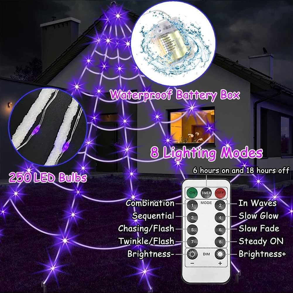 Halloween Spider Web Light Up Spider Web 8 Modes Spider Net Lights 250 LEDs Decorative Spiderweb Light for Garden Yard XJ250804