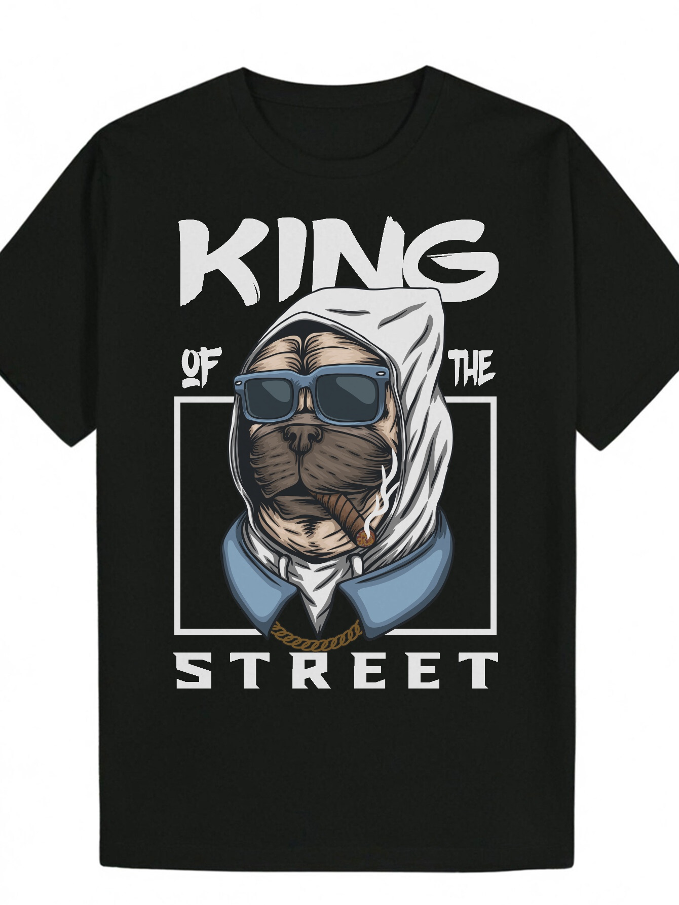 Men's Summer Casual Crew Neck T-Shirt - Street Fighter Pattern Print, Polyester Fiber, Short Sleeve, Regular Fit, Black with White and Gray Desig
