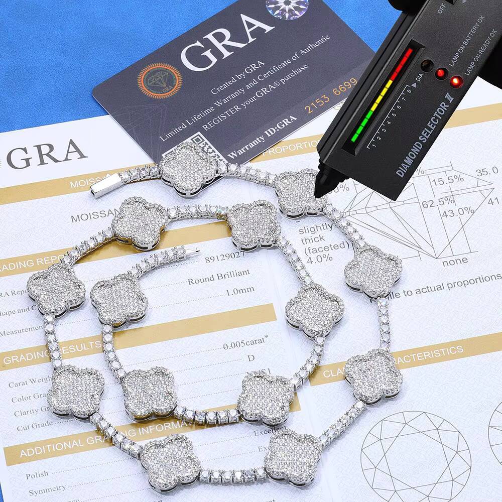 Hip Hop Four Leaf Clover Tennis Chain S925 Silver VVS Moissanite Cuban Men Bracelet Necklace Jewelry Iced Out Link Chain
