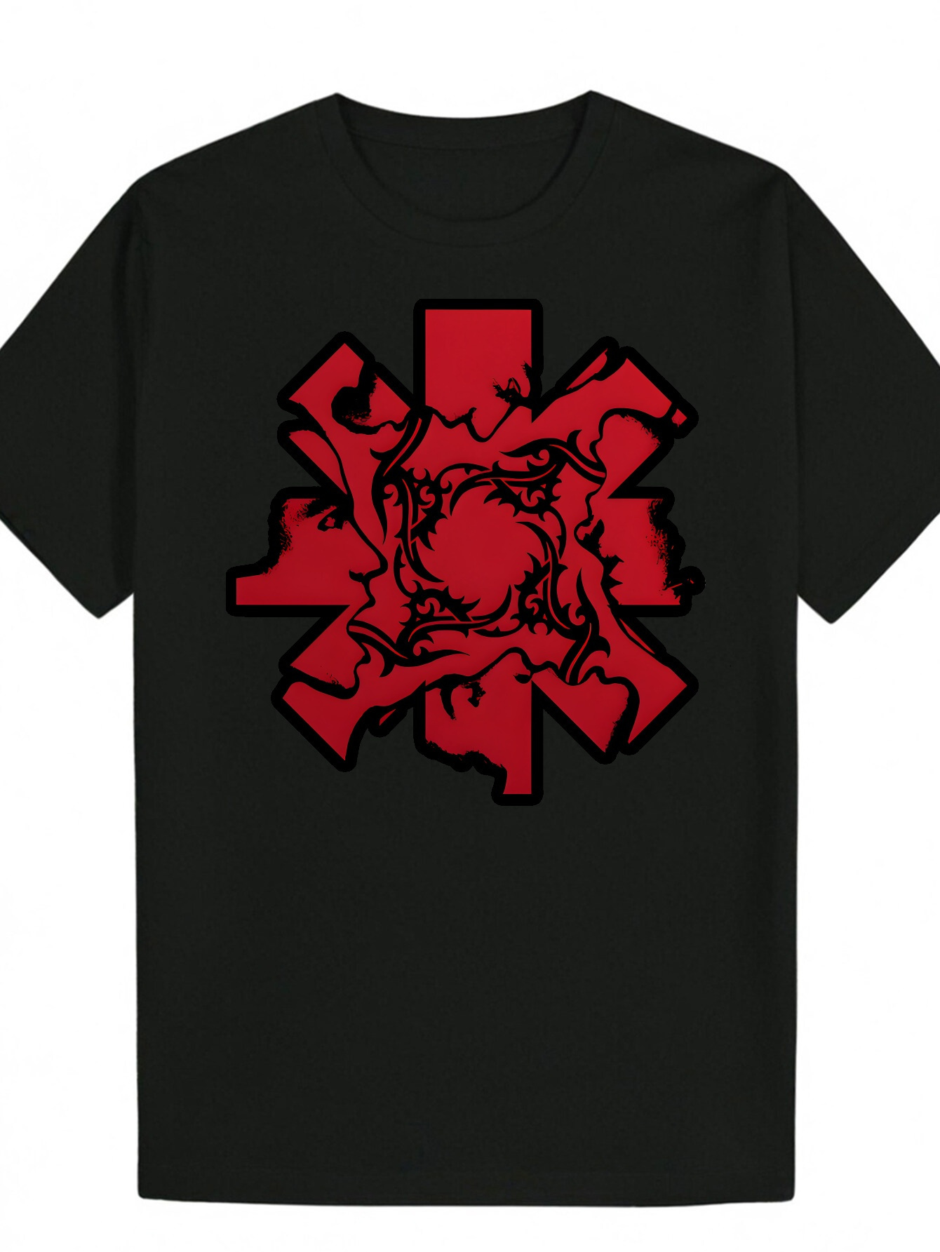 Men's Black Pattern T-Shirt - Round Neck Polyester Knit Red Cross Design, Lightweight and Breathable, Suitable for Casual Wear, Machine Washable 