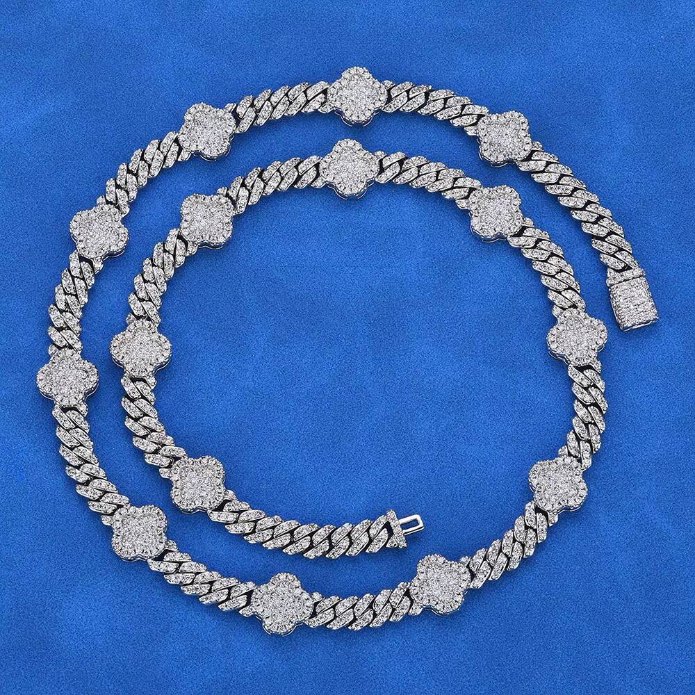 925 Sterling Silver Cuban Link Chain for Men Four-Leaf Clover VVS D Moissanite Pendant Iced Hip Hop Tennis Style Gift Box