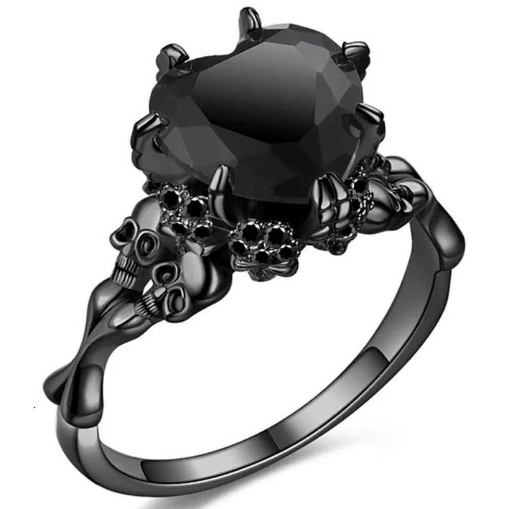 Skull Gothic Black Ring Heart-shaped Red Crystal Vampire Double Skull Rings Black for Women Party Wedding Jewelry M250805