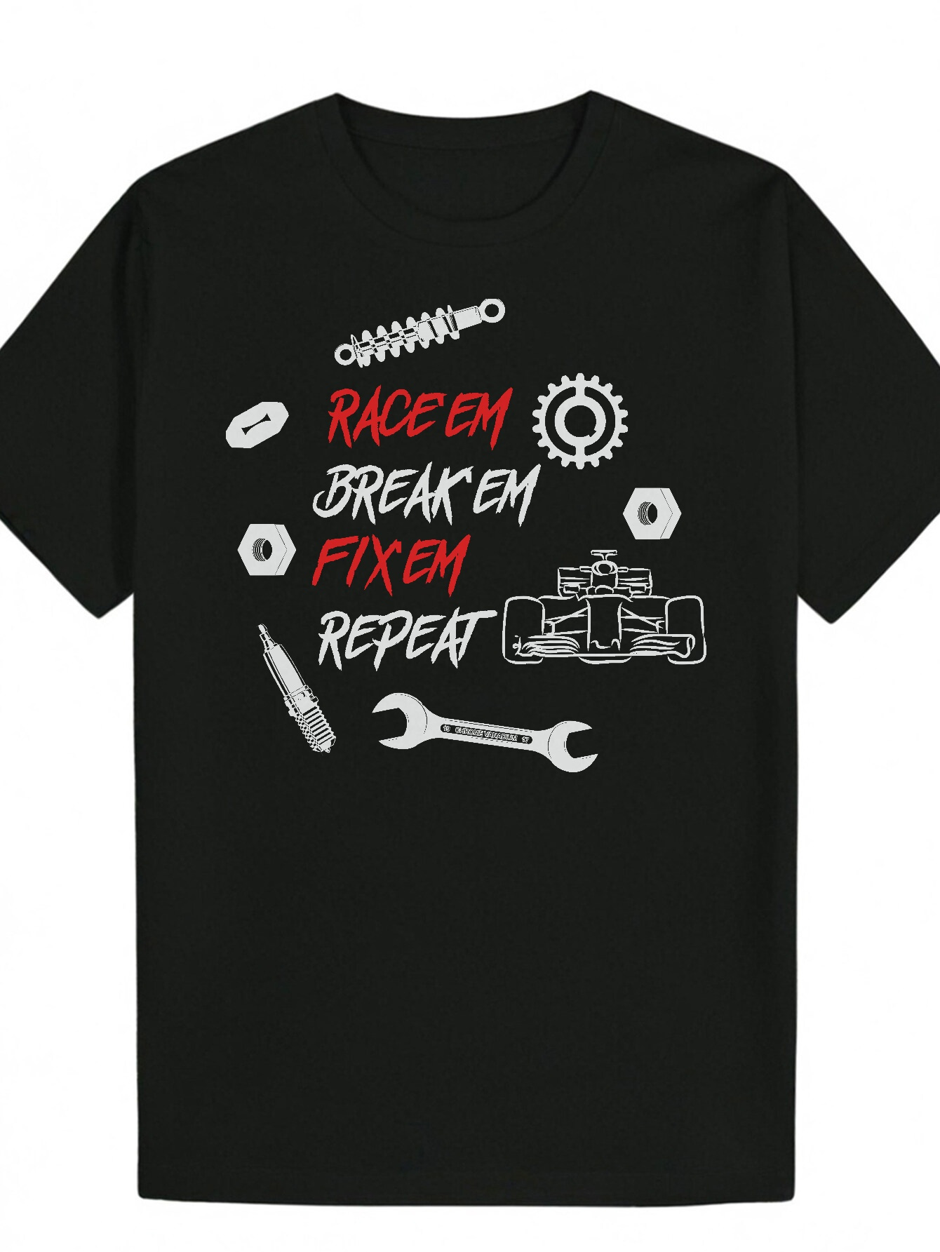 Men's Summer Graphic T-Shirt - Theme with "RACE'EM BREAK'EM FIX'EM REPEAT" Slogan, Black Design, Lightweight Polyester, 