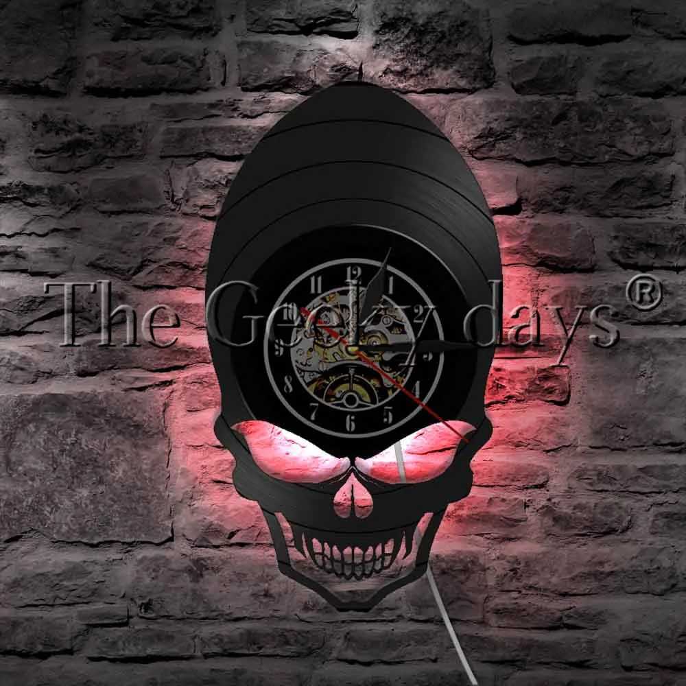 Alien Skull Vinyl Record Wall Clock Hippie Skull Wide Cheekbones Eyes Skeleton LED Night Light Halloween Horror Decor XJ250804