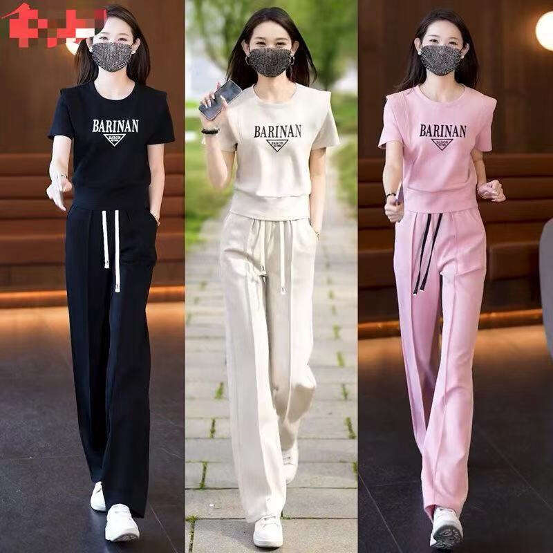 2025 New Fashion Women's Summer Tracksuit Short Sleeve Long Pants Elegant Youthful Casual Two-Piece Set