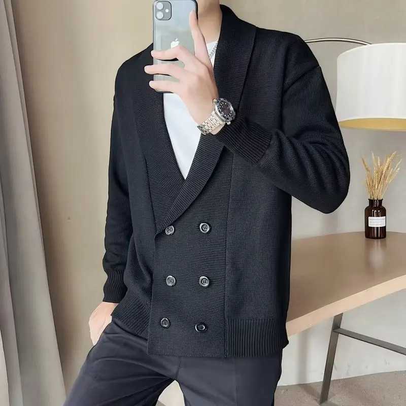 2022 Autumn Sweater Men Vintage Lapel Knitted Cardigan Double Breasted Long Sleeve Knitted Jacket Casual Business Sweatercoat XJ250805