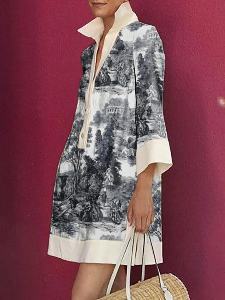Yeezzi Female Vintage Elegant Printed Party Evening Mini Dresses 2025 Long Sleeves Loose H-line Lapel Shirts Dress For Woman 250728