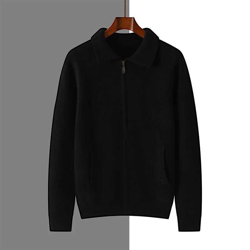 100% Merino Wool Thickened Sweater Polo Collar Business Zippered Cardigan Autumn Winter New Cashmere Jacket Knitted Top XJ250805