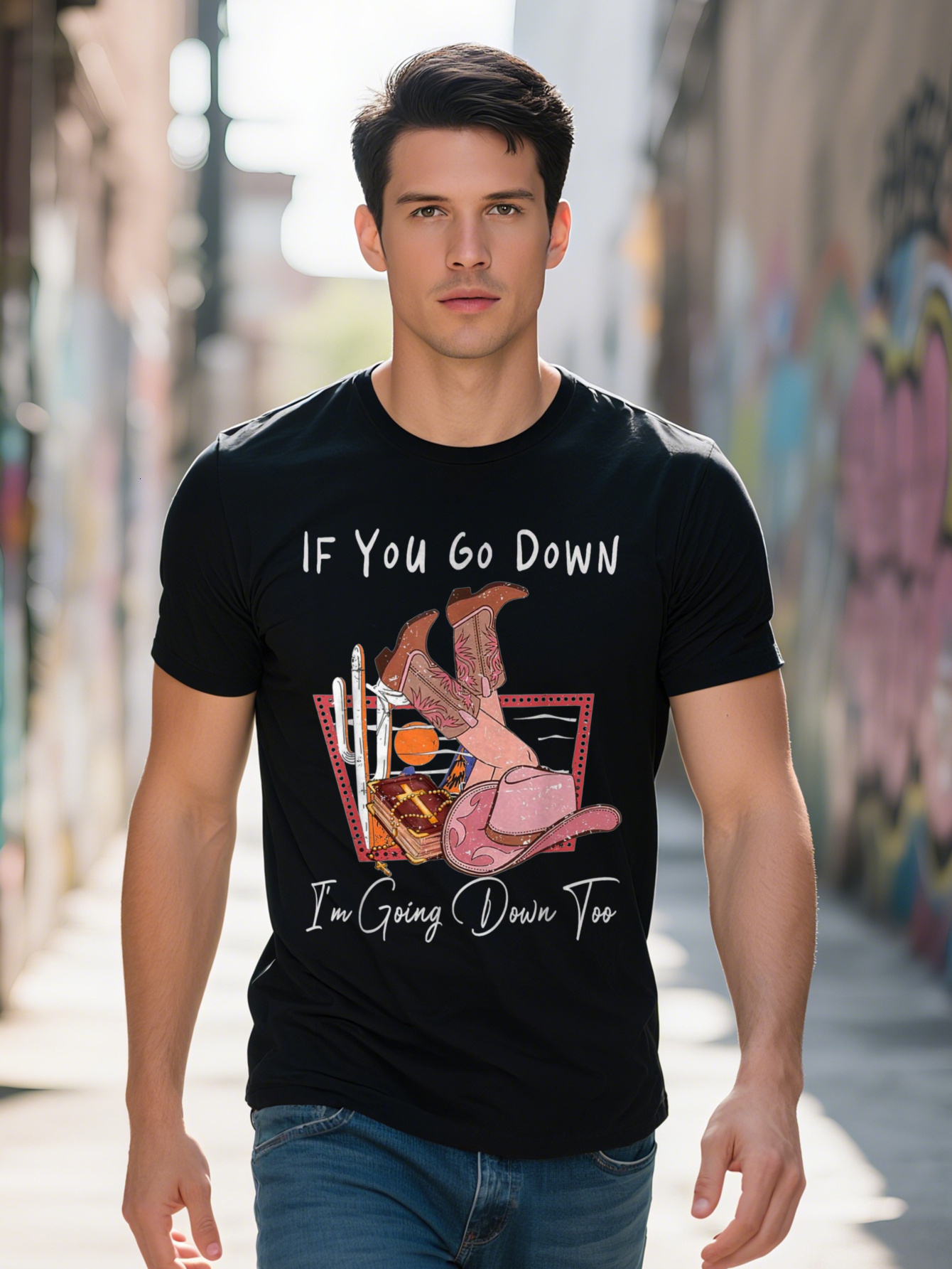 Men's 100% Cotton Pattern - If You Go, I Will Go Too Cowboy Boots and Cactus Design, Casual Black Short Sleeve T-Shirt c2278