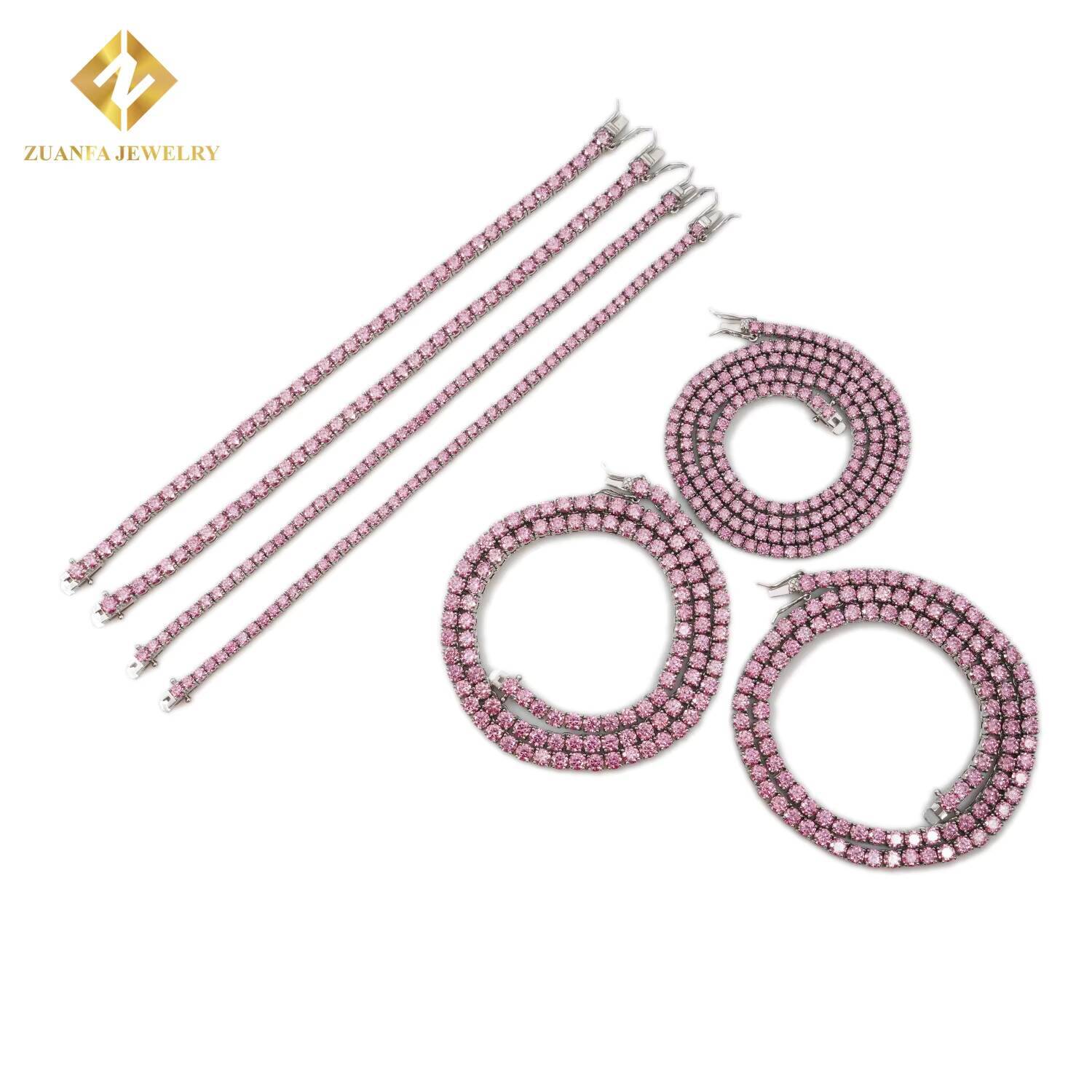 Wholesale Jewelry New Colored Iced Out Vvs Moissanite Diamond 3mm 4mm 925 Silver Pink Tennis Chain Necklace Bracelet