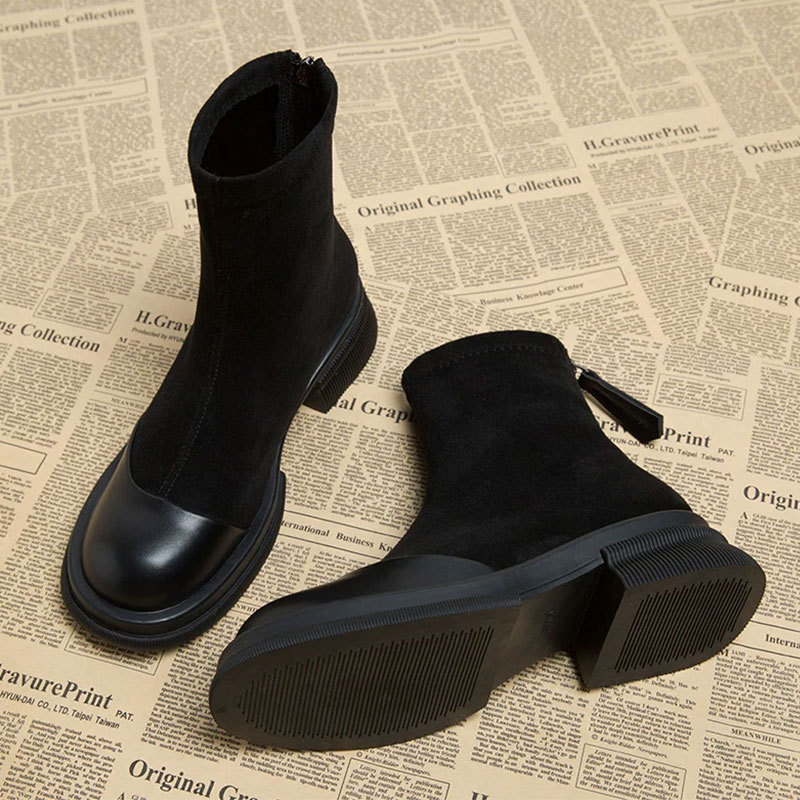 Vintage style Martin boots female leg long zipper skinny boots plus cotton boots brown thick soles small short boots