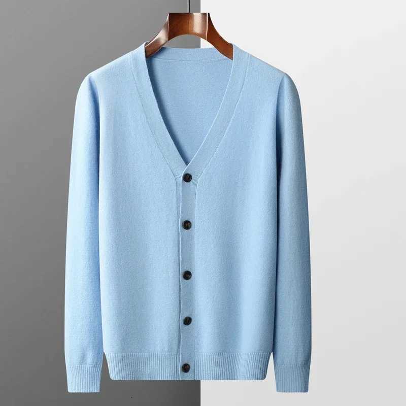 New Mens 100% Pure Merino Wool Sweater Jacket V-Neck Knitted Cardigan Autumn Winter Solid Color Top Casual Basic All-Match XJ250805