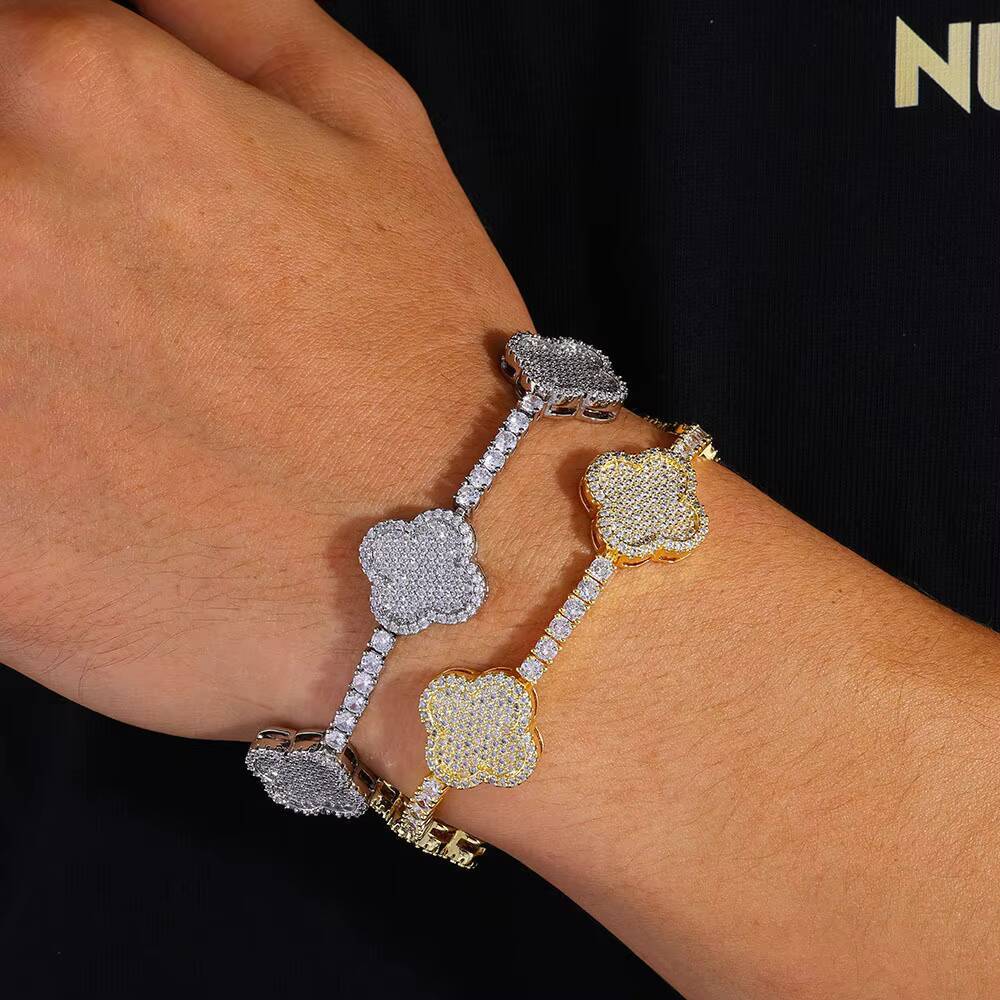 Hip Hop Four Leaf Clover Tennis Chain S925 Silver VVS Moissanite Cuban Men Bracelet Necklace Jewelry Iced Out Link Chain