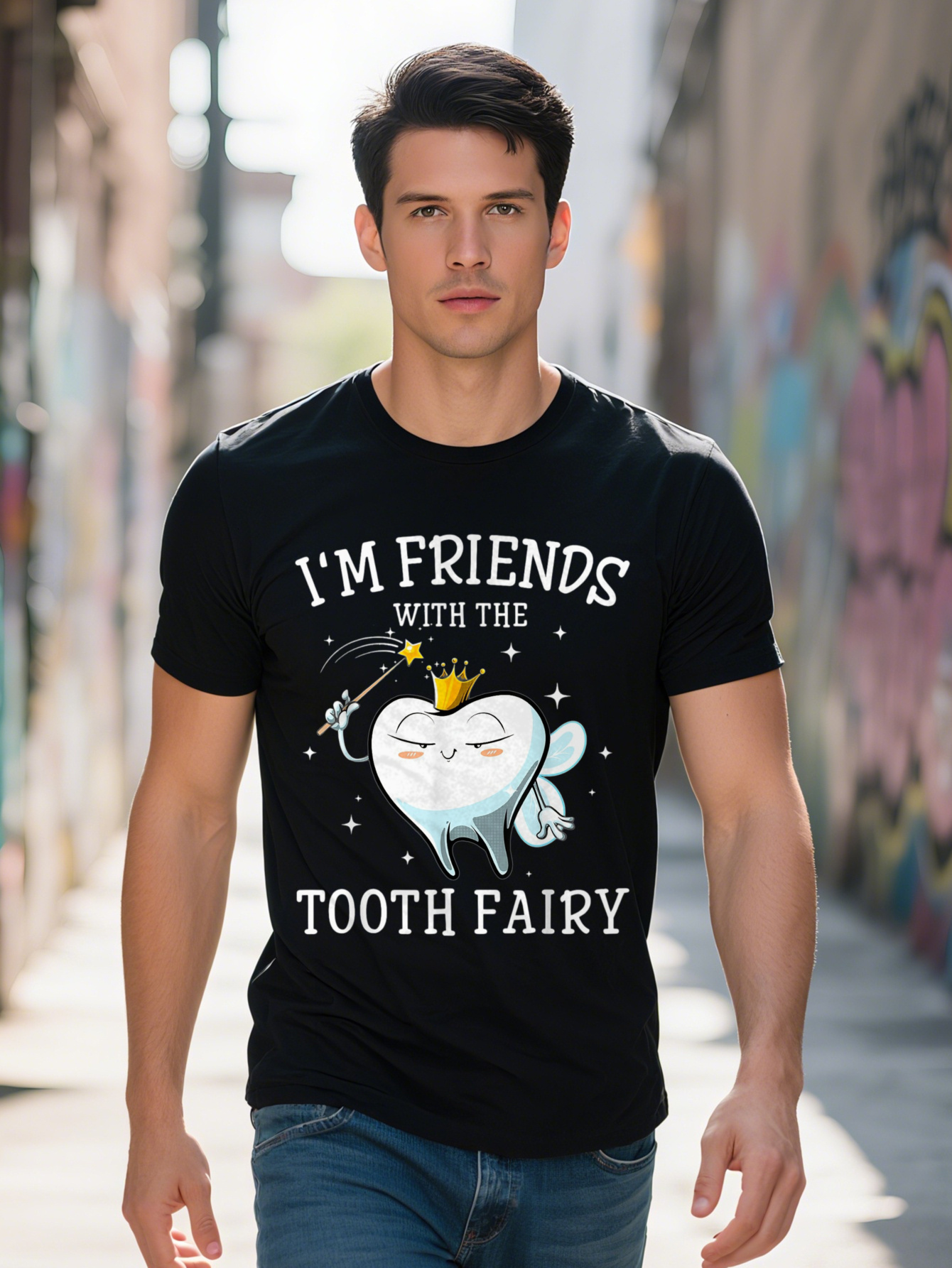 I'm a Friend of Tooth Fairy Fun Graphic T-Shirt 100% Cotton, Short Sleeve, Crew Neck, Machine Washable - Perfect for Dentists and Dental Assistan