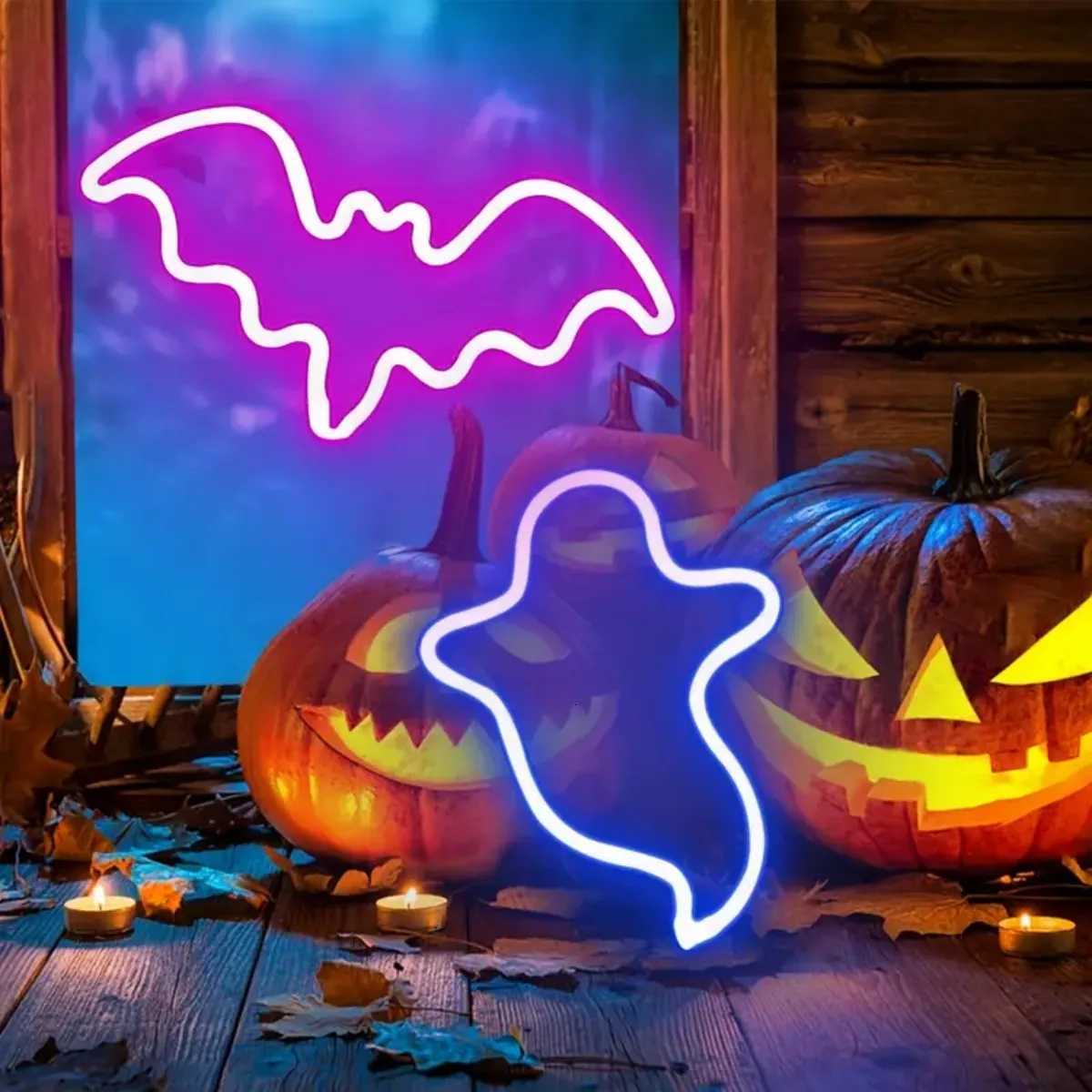 1PC Halloween Bat And Ghost Shape Neno Sign Light LED Neon Decorative Night Light Atmosphere Table Lamp For Indoor Bedroom Decor XJ250804