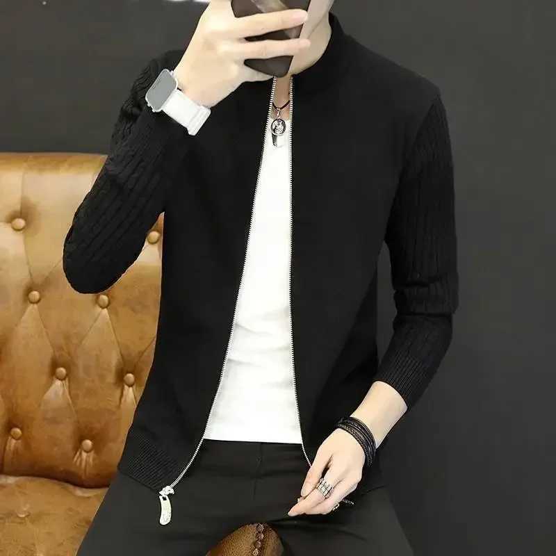Knit Sweater Men Solid Color No Hoodie Collared Mens Clothing Zip-up Cardigan Zipper Plain Stylish Hot Casual Neck Cotton A XJ250805