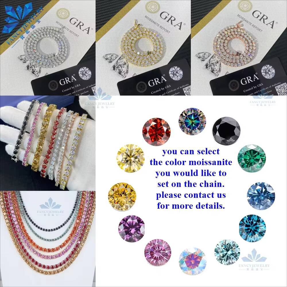 925 Silver Moissanite Tennis Necklace and Bracelet Set Diamond Tester 3mm VVS Colorful Fashion Jewelry