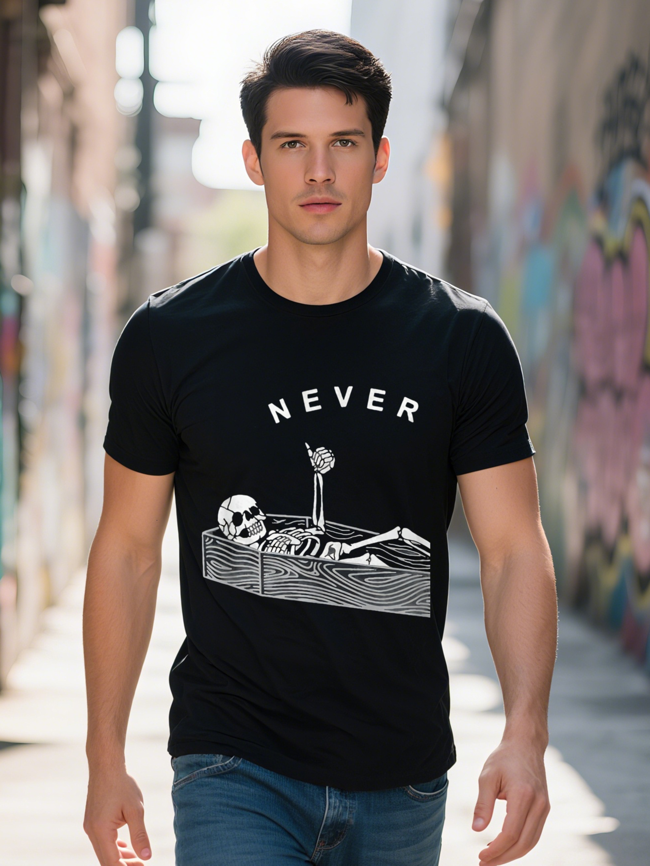 Halloween T-shirt Skeleton in the Coffin Men's Fun Short Sleeve - 220G Cotton T-shirt, 10,000 Links 3b5f0