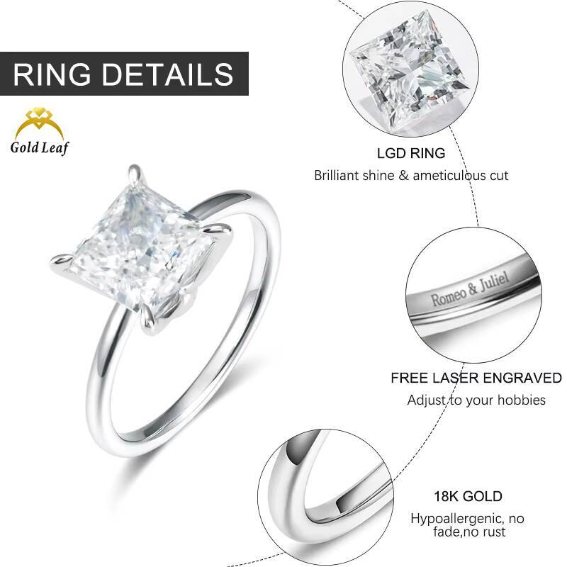Goldleaf Custom Made 14K 18K White Gold Lab Grown Diamond Ring D VVS Princess Cut 1CT 2CT 3CT Customizable Lab Diamond Ring