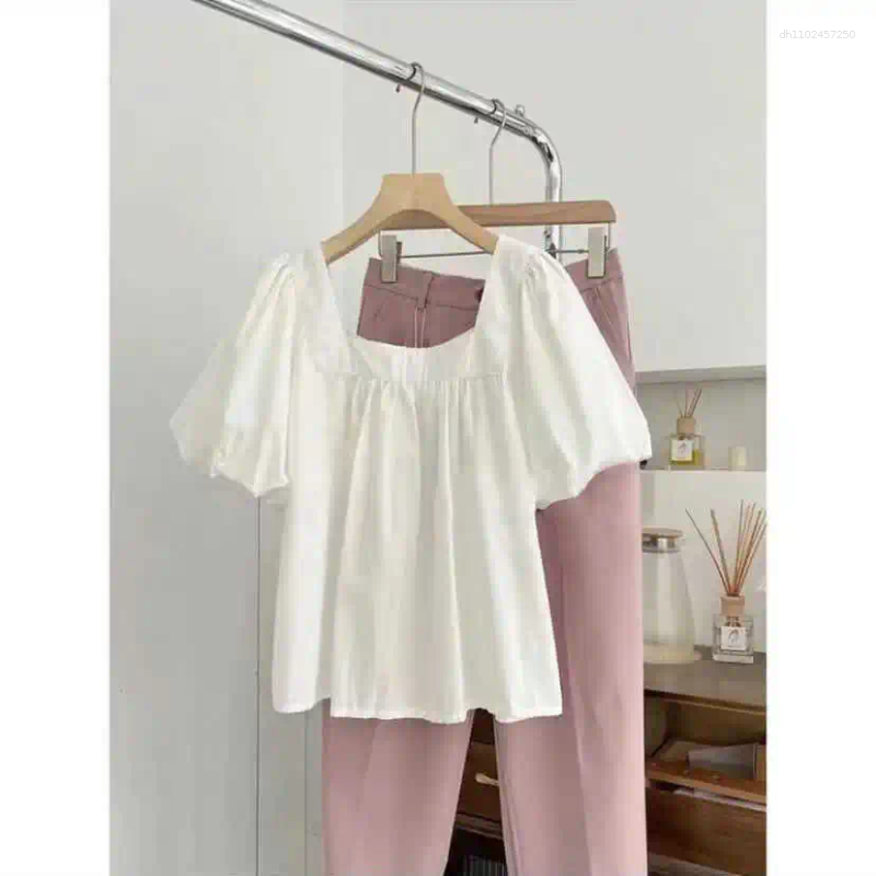 Women's Blouses Orange Square Collar Bubble Sve Ort Irt Women Summer Design Sensation Doll Ele Loose Top French Sle...