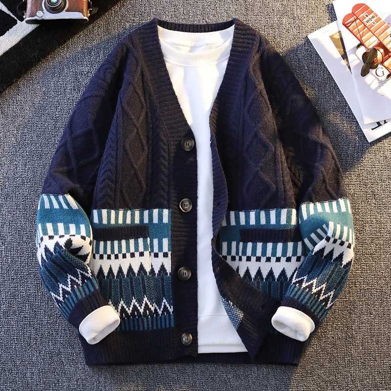 Japanese Cardigan Retro Patchwork V-neck Knitted Sweater Warm Men Women New Fashion Casual Loose Knitwear Jackets Brand Clothing XJ250805