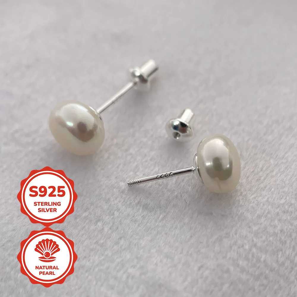 7-8mm 925 Sterling Silver Bread-type Natural Freshwater Pearl Screw Back Stud Earrings for Women Girls Piercing Jewelry Gift Y250804