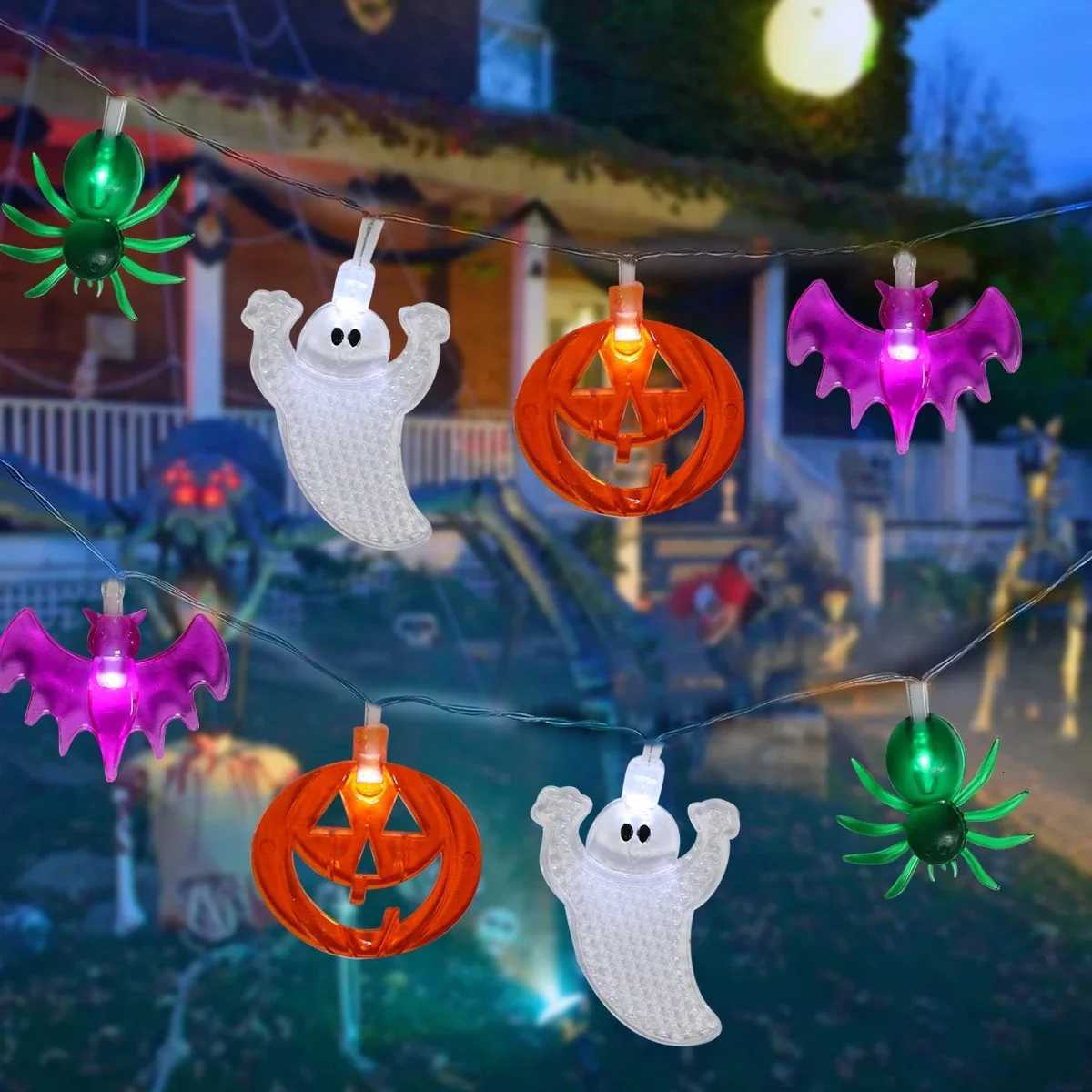 1pc Halloween Mixed LED String Lights With Spider Pumpkin Bat Ghost Battery Operated Fairy Lights For Home Halloween Party Decoration XJ250804