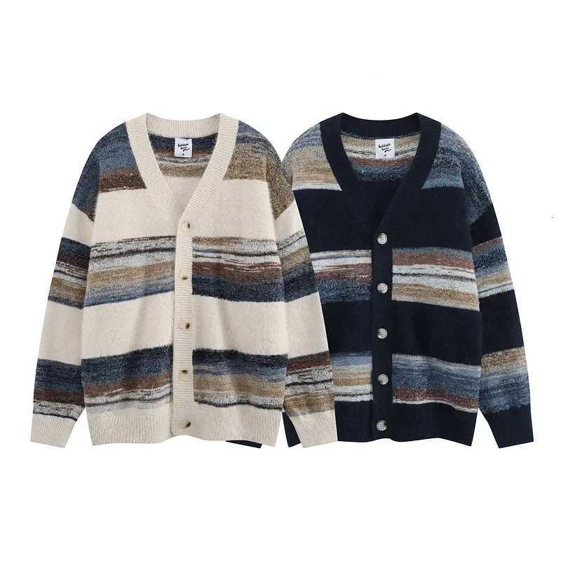 Striped Flat Knitted Cardigan Single Breasted Sweater Long Sleeve Jumpers Men O Neck Loose Fit Button Casual Slight Stretch XJ250805