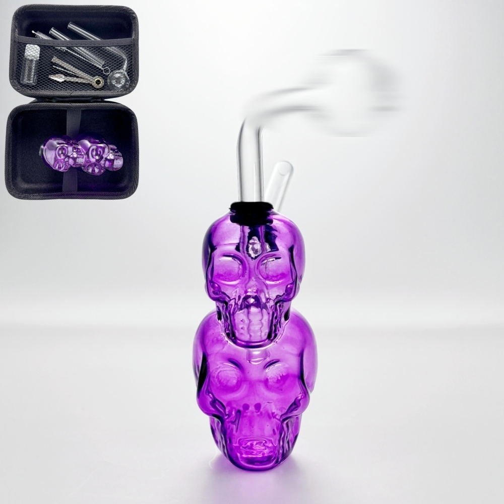 10cm Gothic Purple Double Skull Glass Bubbler Bong Mini Smoking Water Pipe with Diffuser Bowl Tool Box Full Set