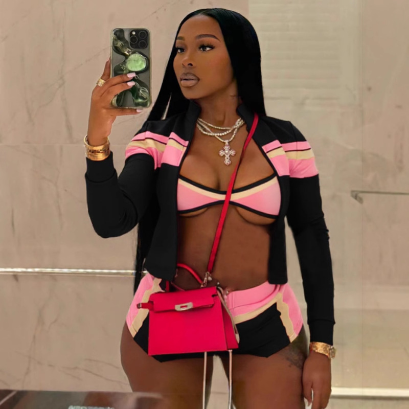 Women Tracksuits Three Pieces Set 2025 New Fashion Clothing Color Block Long Sleeve Off-shoulder Tie Hot Pants Sportwear