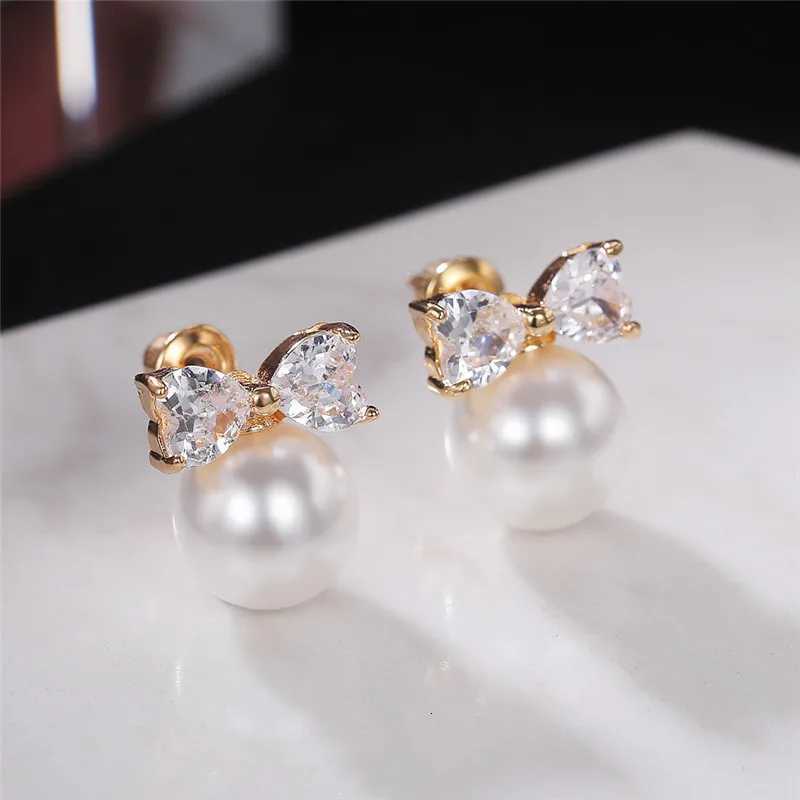 80s Simple Fashion Imitation Pearl Stud Earrings Girls Gold Color Bow Aesthetic Jewelry Hot Sale Earrings for Women Drop Ship Y250804