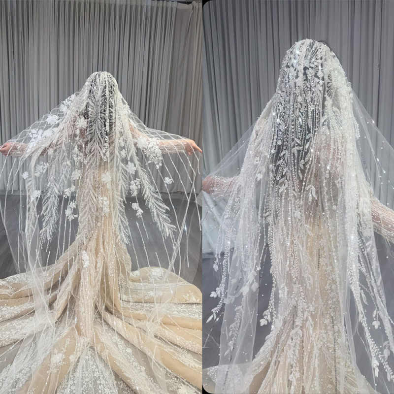 Customized Illusion Bridal Veils Sequins Beading Appliques Lace One Layer 3M Long Cathedral Veil Wedding Accessories