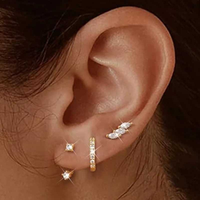 3PCS Stainless Steel Gold Color Circle Hoop Earrings Set for Women Simple Zircon Flower Stud Earring Cartilage Piercing Jewelry Y250804