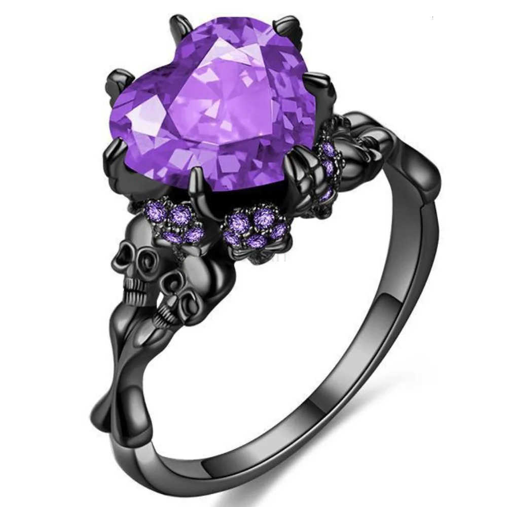 Skull Gothic Black Ring Heart-shaped Red Crystal Vampire Double Skull Rings Black for Women Party Wedding Jewelry M250805