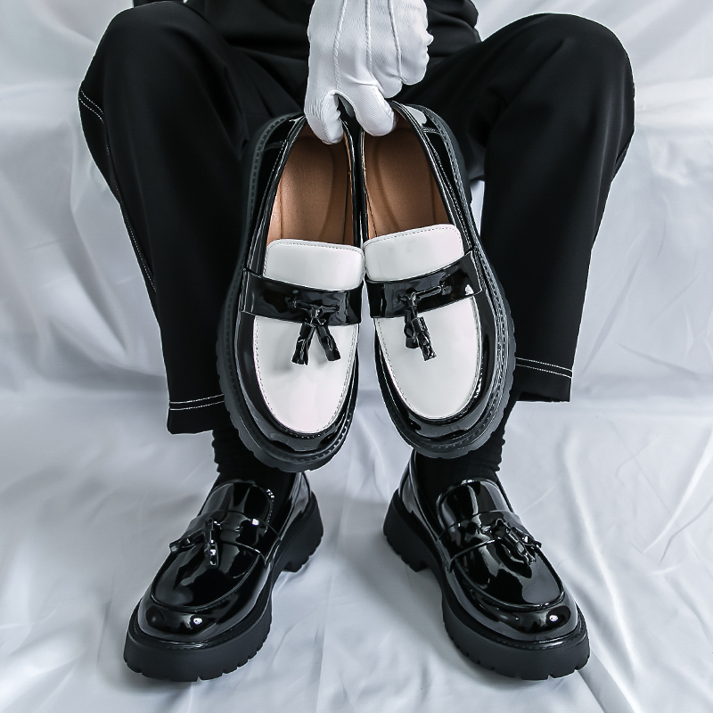 55002- Bright faced gentleman breathable leather shoes, formal business leather shoes, round toe tassel thick sole height increasing men's loafer