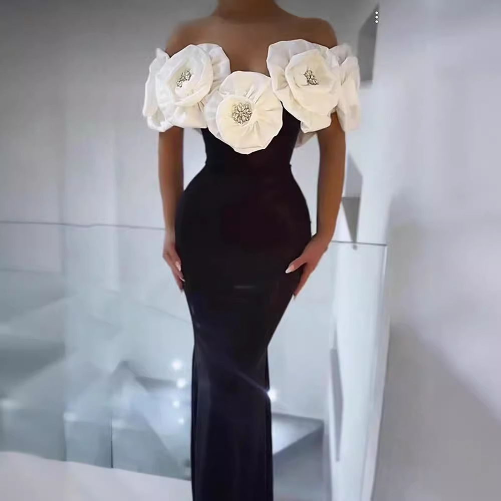 2025 hot selling 3D large flower off shoulder tight dress, fashionable and elegant party trend bandage dress, new designer dress