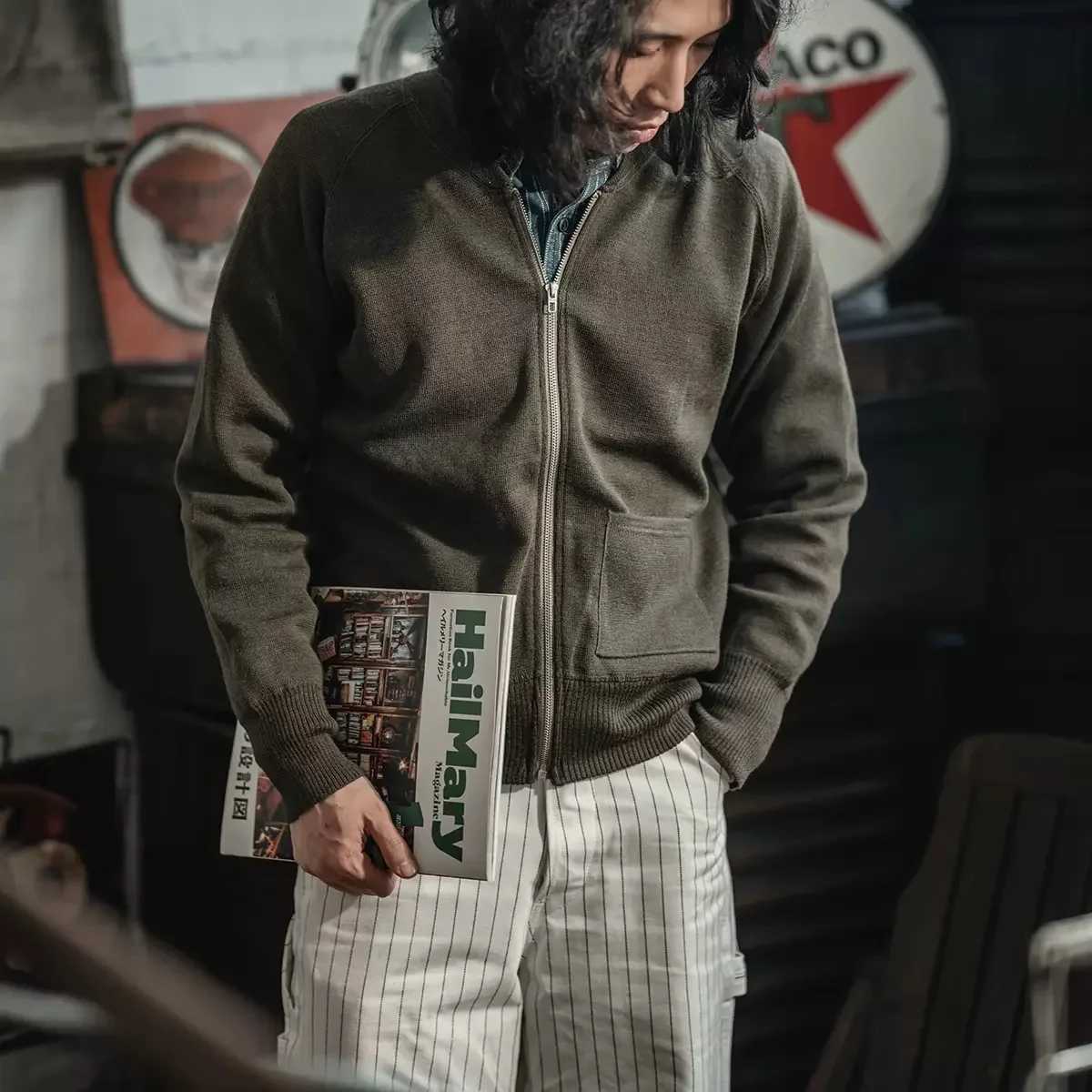 Rugged Bronson WWII USAAF C-2 Flying Sweater Mens Plain Raglan-Sleeve Woolen Cardigan XJ250805