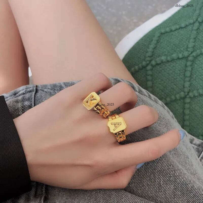 trendy gold color initial ring for women girl aaa cubic zirconia az watchband square letter open female jewelry gift