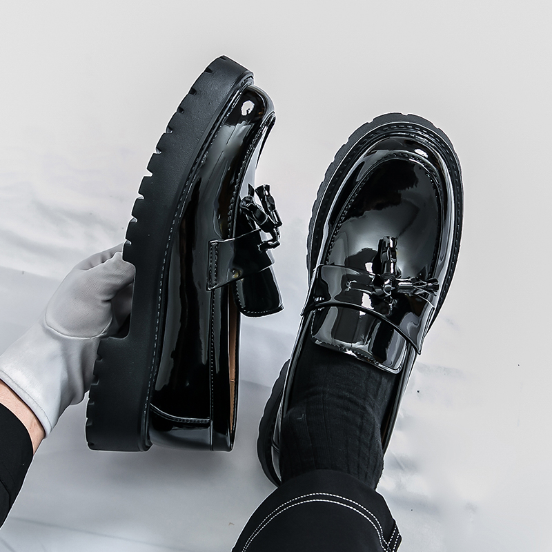 55002- Bright faced gentleman breathable leather shoes, formal business leather shoes, round toe tassel thick sole height increasing men's loafer