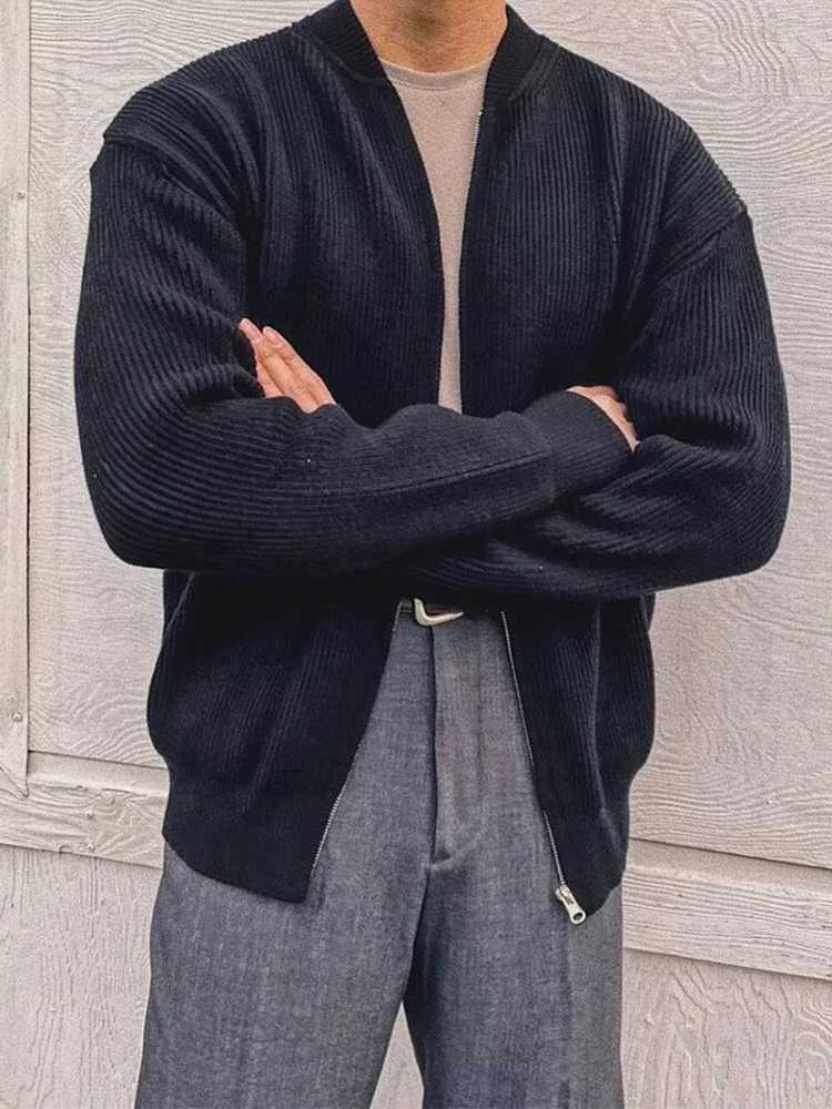 Outdoor Casual Solid Color Knitted Mens Jacket Autumn Fashionable Slim Fit Zip-Up Cardigan Tops Mens Vintage Long Sleeve Coats XJ250805